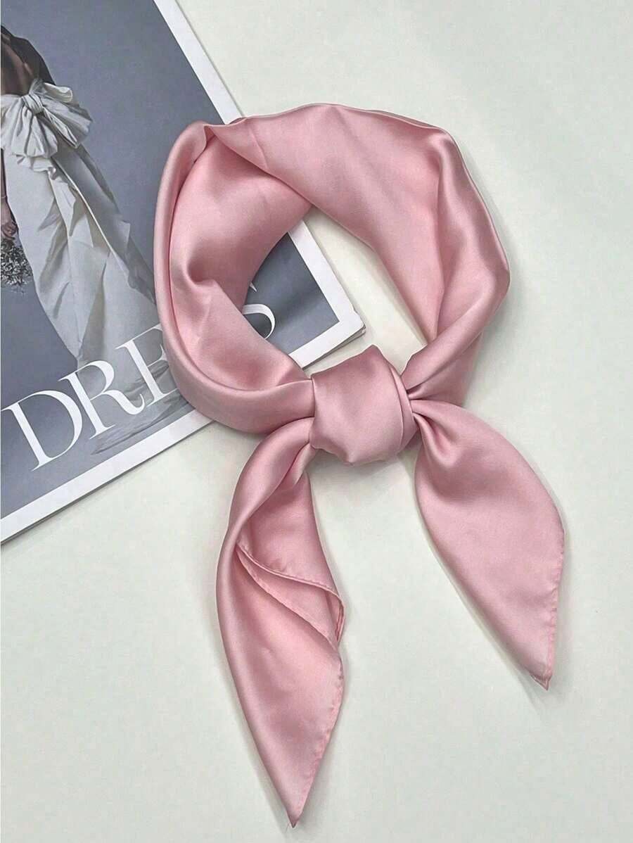 1pc Women's Solid Color Silk Square Scarf – Fashionable Multi-Functional Shawl, Hairband, Waistband & Bandana, Versatile Accessory To Elevate Your Look - Hồng 2 - Xem 1