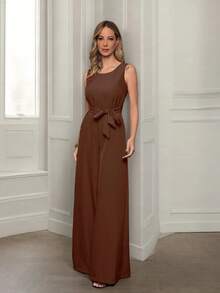 Sophisticated Everyday Jumpsuit With Wide Legs, Bow Ties And Pockets - 鏽棕色 - 查看 1