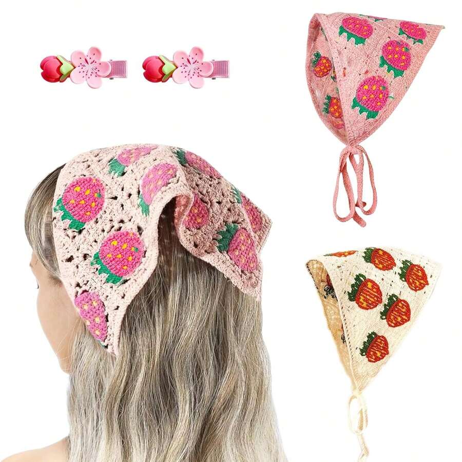 2 Pcs Crochet Bandana Headband Scarf Hair Bandanas Women Girls, Knitted Hair Scarf Strawberry Kerchief Cute Stylish Vintage Hair Decoration With 2 Hair Clips (Pink+Beige) - 粉紅色+米色 - 查看 1