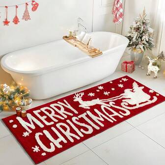 A Christmas Themed Red Background With Santa Claus Elk Pulling A Sleigh With Snowflake Pattern Design Decorative Floor Mat, Imitation Cashmere Material Is Super Absorbent With Non-Slip Silicone Backing - Machine Washable, Perfect For Entryway, Living Room, Bedroom, Bathroom And Hallway Decoration, Christmas Kitchen Decoration, Christmas Gift