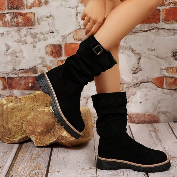 Damskie buty w stylu western z klamrą i grubą podeszwą w kolorze czarnym