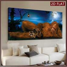 1 pièce Impression sur canevas style Art déco sans cadre, homme de bande dessinée avec animal dans la forêt de nuit étoilée, œuvre d'art de paysage, décoration pour la maison, le bureau, le salon, la chambre, le restaurant, le bar - intérieur et extérieur sans cadre 50x100cm/19,68x39,37 pouces