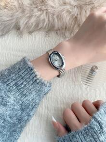 1 件女士椭圆形银黑色表盘金色石英休闲手表，适合日常佩戴 - 銀色 - 查看 3