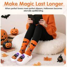 Pantuflas de calabaza de peluche acogedor de Halloween, diseño esponjoso antideslizante - Gato Brujo Calabaza - View 2