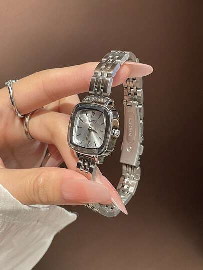 1pc Vintage Silver Stainless Steel Square Small Dial Women's Watch, Fashion Elegant Quartz Ladies Wristwatch, Suitable For Daily Wear