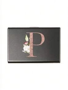 Estuche de tarjetas delgado con 6 ranuras para tarjetas, con patrón de iniciales de la A a la Z en color oro rosa, billetera portadora de identificación y tarjetas de crédito, minimalista y delgado de metal de aluminio, cartera RFID para mujeres y organizador de tarjetas de metal para hombres