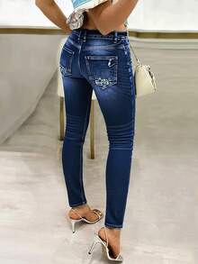 Women's Stretch Single Breasted Stretch And Hip Lifting Washed Blue Tight Jeans - 深色水洗藍 - 查看 1