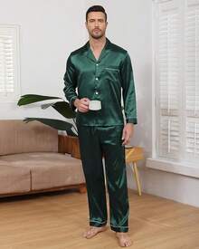 BigKing Men's Silk Satin Pajama Set, Men's Pajama Set, Soft, Long Sleeve, Button-Down - Khaki - View 3