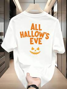 Camiseta de calabaza de Halloween de alta calidad, de algodón con estampado de doble cara, cómoda, de gran tama?o, vintage, suave, esencial para el día a día. - Blanco - Ver 3