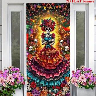 2D 窗帘，1 块墨西哥亡灵节彩色骷髅女士挂毯 - 具有花卉和骷髅图案，耐用聚酯纤维，适合室内/室外装饰，适合万圣节主题派对和家居装饰