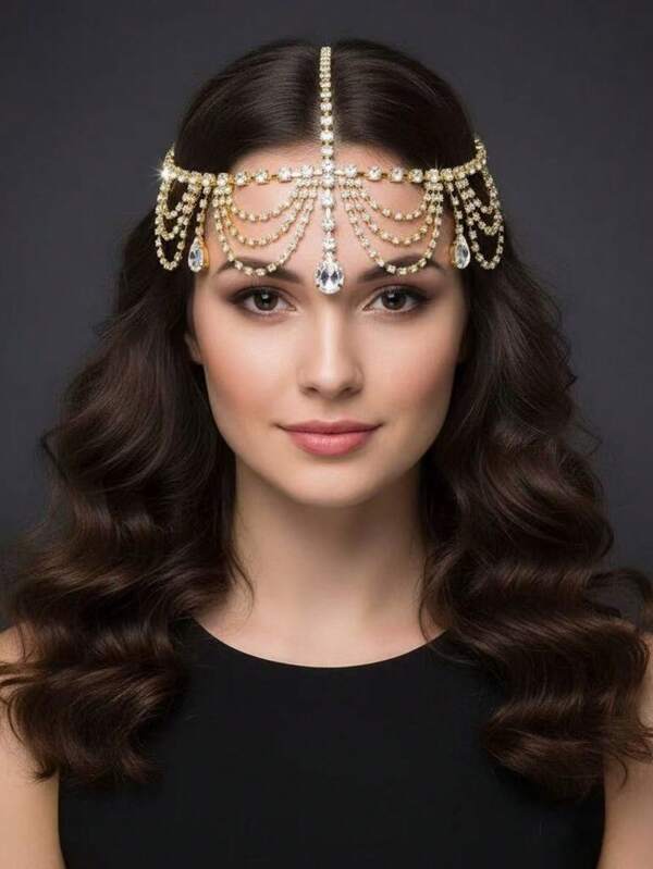 1pc Exaggerated Fully Rhinestoned Tassel Water Drop Headpiece, Cross-Border Hot Selling Bridal Headpiece, Forehead Chain, Headband, Geometric Pattern Bohemian Party Copper