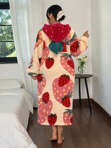 加大码草莓图案连帽休闲睡袍，长袖保暖加厚纽扣家居服浴袍，带口袋，女士睡衣，1件装，蓬松柔软，冬季 - 彩色 - 查看 2