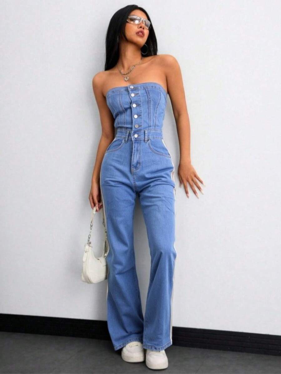 Mono informal para mujer con Top tipo tubo y pernera acampanada de mezclilla,mono sin tirantas de mezclilla para damas,estilo de pierna ancha - Azul - Ver 1