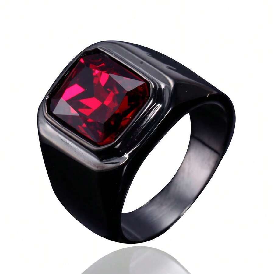 Stainless Steel Ring With Red Zirconia Stone, Suitable For Daily Wear, Parties, And Casual Outings - Black - View 1