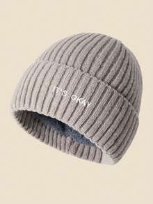 1pc Unisex "IT's OKAY" Embroidered Solid Color Knit Beanie, Men's Winter Thermal Lined Warm Cuffed Hat, Soft & Comfortable, Minimalist & Fashionable, Suitable For Cold Weather Winter Clothing - A - View 11