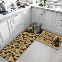 1 pièce Tapis de cuisine en lin imprimé motif sapin de Noël, cadeau de Noël, décoration de Noël, tapis de cuisine, tapis de sol, tapis de salle de bain, paillasson, rectangle imprimé en 3D, convient pour le salon, la chambre, le couloir, la salle de bain, la buanderie - Tapis en polyester, décoration d'intérieur et d'extérieur