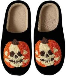 Cozy Plush Halloween Pumpkin Slippers, Non-Slip Fluffy Design - Cracked Pumpkin - View 1