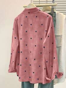 大码女式休闲基础款纯色爱心印花长袖POLO衫，带口袋，春夏秋季日常穿着，粉色 - 粉色 - 查看 5