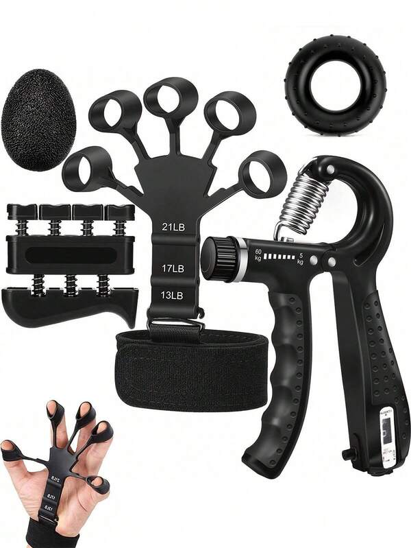 Set de 5 piezas para entrenamiento de manos, muñecas y fuerza - Incluye bandas de resistencia, fortalecedor de agarre, bola de masaje, anillo de agarre y ejercitador de dedos. Accesorios de fitness ideales para guitarristas, pianistas, escaladores, pescadores - Regalo perfecto para novio en Halloween y Navidad (estilo aleatorio)