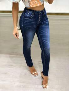 Women's Stretch Single Breasted Stretch And Hip Lifting Washed Blue Tight Jeans - 深色水洗藍 - 查看 3