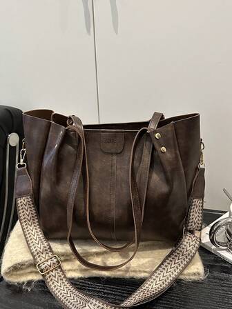 新款成熟优雅风格拼接PU材质简约时尚可折叠大容量手提包女士日常工作通勤包度假休闲包作为送给妈妈的礼物