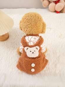 1pc Solid Color Pet Jumpsuit, Cute Plush Design, Dog/Cat Clothes, Autumn/Winter Thermal Lined Warm Overalls With Snap Buttons, Suitable For Dogs And Cats - Coffee Brown - View 3