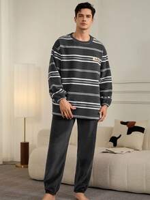 2pcs/Set Men's Striped Flannel Fluffy Pajamas, Crew Neck Pullover & Pants Loungewear, Autumn/Winter, Fall Winter Clothes, Cozy