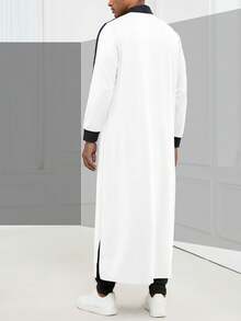 Modern Islamic Men's Clothing, Hooded Kamis Robe, Muslim Men's Grey Kamis Robe, Fashionable Stand Collar Long Hooded Sweatshirt - 白色 - 查看 3