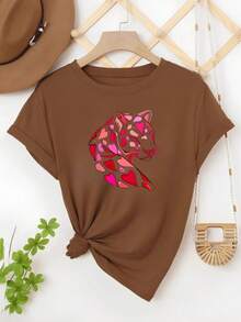 Camiseta Primavera Feminina Primavera Estampa "LOVE PANTHER" Moderna  Confortável - Marrom - Visão 1