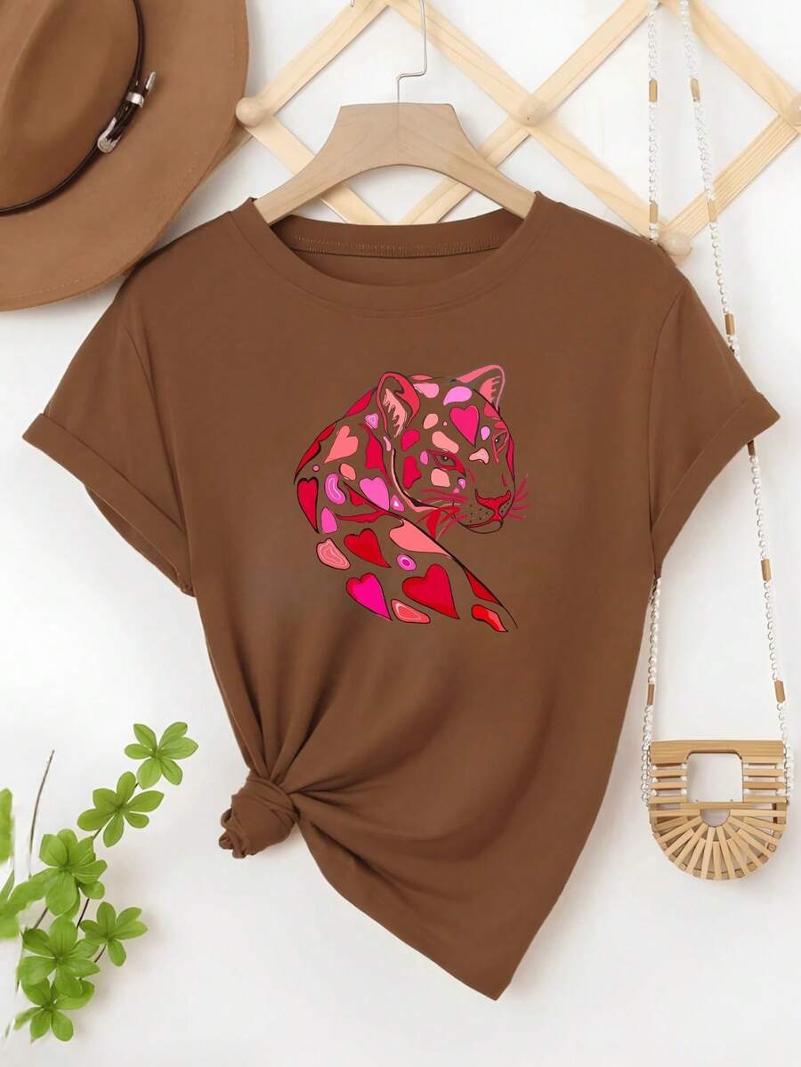 Camiseta Primavera Feminina Primavera Estampa "LOVE PANTHER" Moderna  Confortável - Marrom - Visão 1