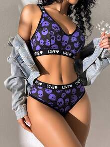 1 Set Halloween Skelett Kontrast Farbe Englisch Schleife Damen BH und Slip Set - Schwarz - Übersicht 3