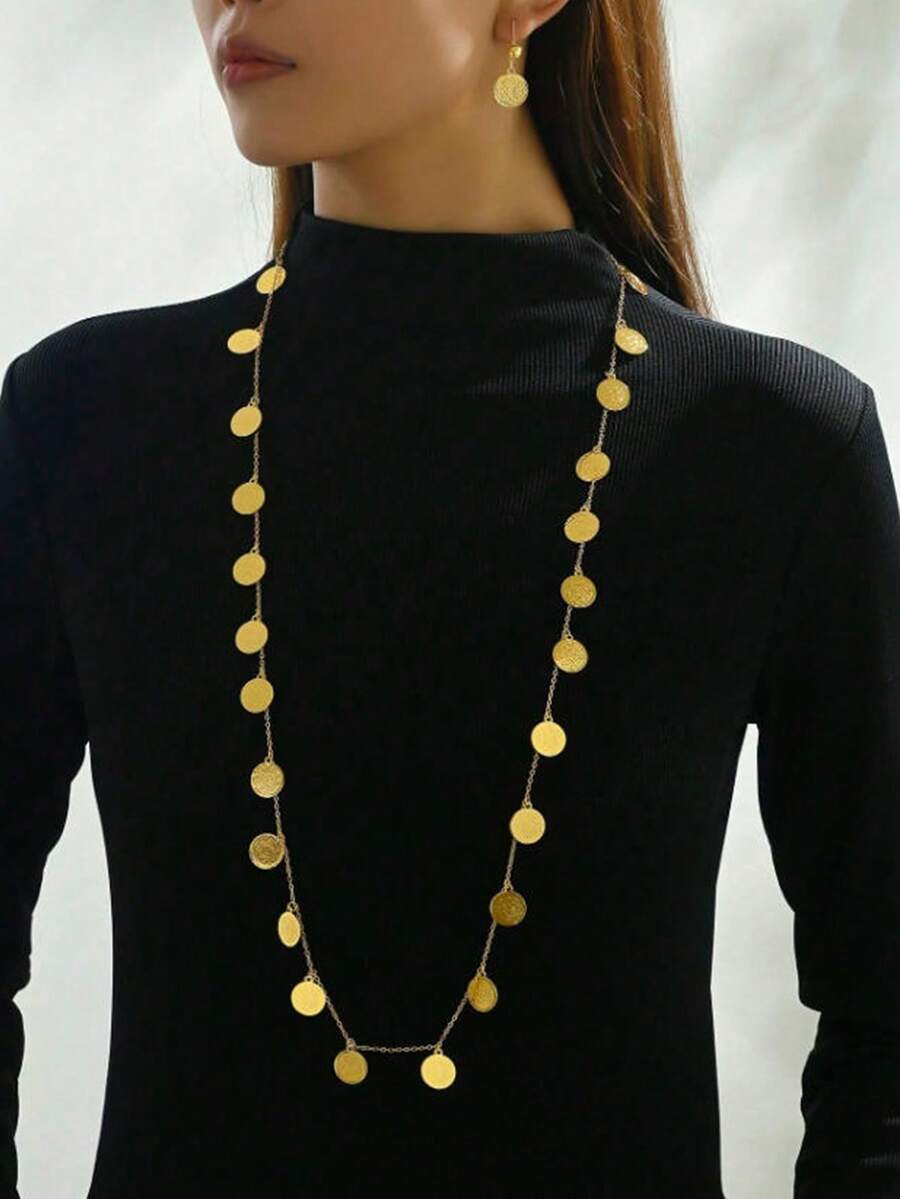 مجموعة قلادة وأقراط معدنية مطلية بالذهب عيار 18 قيراط، مناسبة كهدية للحفلات والاستخدام اليومي، 3 قطع/مجموعة