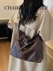 1 chiếc túi đeo vai CHAIKA & KILTER bằng da PU màu trơn, túi hobo cỡ lớn phong cách vintage thường ngày dành cho nữ, trang trí quai xách bằng khoen, dây đeo vai có thể điều chỉnh, khóa kéo, phù hợp cho mua sắm và đi làm hàng ngày. - Cà phê - Xem 7