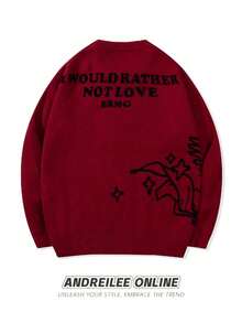 ANDREILEE 男士可爱简约时尚天使射心提花图案黑色长袖毛衣，男女通用休闲宽松针织套头衫，适合秋冬季穿着 - 紅色 - 查看 2