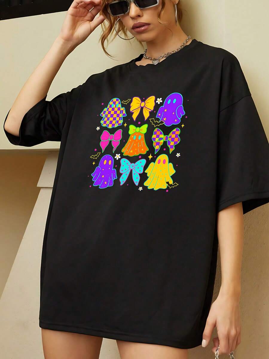 Camiseta casual de manga corta de verano con estampado de fantasmas y lazo para mujer, camiseta gráfica colorida y moderna, tela suave y cómoda, estilo moderno para damas, perfecta para uso diario, fiestas o vacaciones. - Negro - Ver 1