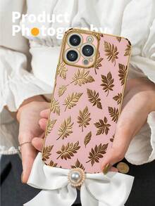 1pc Pink Electroplated TPU Gold Leaf Pattern Shockproof Full Coverage Phone Case Compatible With Apple/Matching Phone Case/Interesting Phone Case/Android Phone Case - Multicolor - View 3