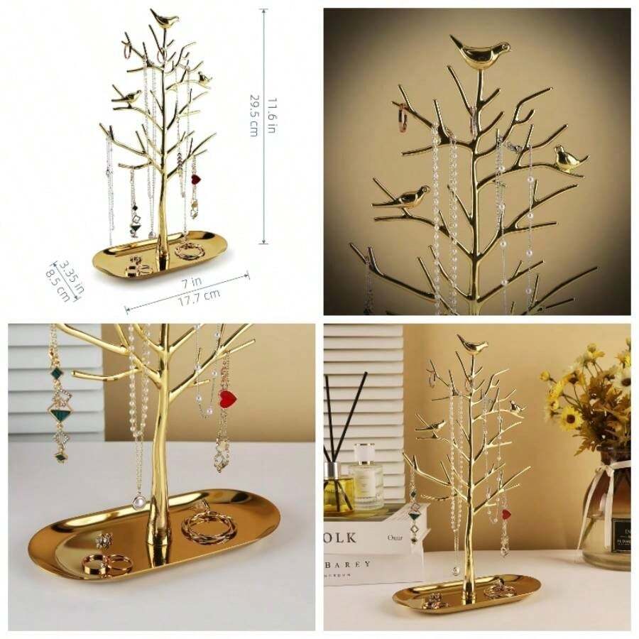 - Estante de joyera de ramas con bandeja de metal, color de lujo, organizador colgante de torre de rbol, para anillos, arete, collares, pulseras, adecuado para salas de estar, baos, - Una bandeja de latón y metal - Ver 1