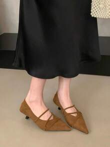 Zapatos de tacón de aguja tipo Mary Jane de ante retro francés de primavera 2025, zapatos de tacón de gatito para ir al trabajo y fiestas para mujeres - Marrón - Ver 2