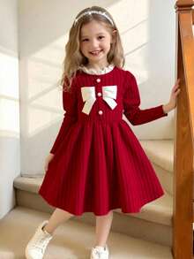 年轻女孩的时尚休闲串珠仿蝴蝶结拼接长袖荷叶边领 A 字裙，适合日常、居家、户外、街头、运动、可爱、度假穿着，春秋季 - 紅色 - 查看 4