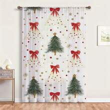 1PC Festive Xmas Tree Bow Dot Christmas Sheer Curtain, Modern Pattern Light Filtering Polyester Voile Rod Pocket Type For Holiday Window & Home Accent. - Multicolor - View 1