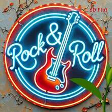 8x8 Inch Round Metal Sign, 2D Flat Rock Guitar Neon Wall Art, Waterproof & UV-Resistant, Frameless Music Themed Decor, Suitable For Cafe, Club, Bar, Room Decoration