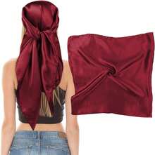 35" Large Square Satin Head Scarf, Silk Scarf For Women Hair Bandana Scarves For Hair Wrapping And Sleeping At Night - 酒紅色 - 查看 9