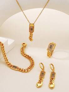 5 件套时尚欧式美式链条心形流苏首饰套装，方晶锆石吊坠项链、耳环、戒指、手链，适合女性日常聚会、生日礼物 - 金黃色 - 查看 1