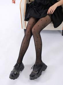 1 Pair Black Jacquard Heart Pattern Tights, Slimming, Sheer, Seamless, Minimalist Design, Suitable For Spring/Summer