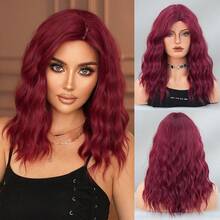 7JHH WIGS 18 Inch Medium Length Rose Red Curly Wig For Women Shoulder Length Wavy Wigs With Side-Swept Bangs, Natural Synthetic Heat Resistant Fiber Hair Wig For Girls Daily Party Use - Rose Red - View 12