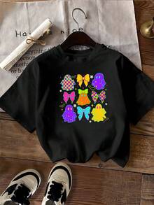Camiseta casual de manga corta de verano con estampado de fantasmas y lazo para mujer, camiseta gráfica colorida y moderna, tela suave y cómoda, estilo moderno para damas, perfecta para uso diario, fiestas o vacaciones. - Negro - Ver 2
