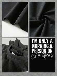 Camiseta con estampado de árbol de Navidad para mujer. "Soy solo una persona mañanera en Navidad". Bonita camiseta navideña con gráficos festivos, top informal de verano de manga corta, prenda festiva para mujer, cómoda y suave camiseta de mezcla de algodón. - Negro - Ver 4