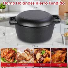 Olla Holandesa de Hierro Fundido, Sartén 2 en 1 con Tapa, Olla Holandesa de 5L con Asa, Adecuada para Hornear, Freír, Asar, Acampar y Varias Estufas (26x21cm) - Negro-B - Ver 8