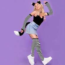 5pcs Cat, Wolf, Fox Tail Headband, Elastic Striped Gloves, Striped Thigh High Socks, Contrast Color Collar, Costume Set Suitable For Party Cosplay - Pink Purple Stripes - View 11