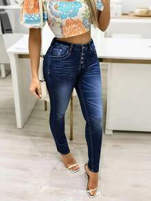 Women's Stretch Single Breasted Stretch And Hip Lifting Washed Blue Tight Jeans - 深色水洗藍 - 查看 2